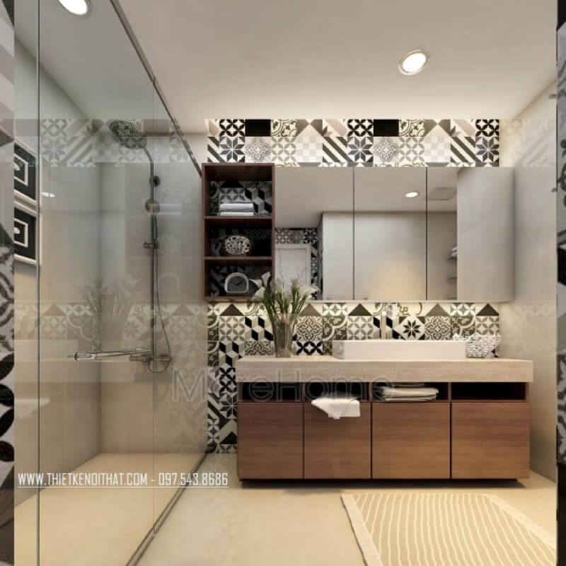 Vách kính tắm cường lực cũng được sử dụng ở không gian góp phần tạo cảm giác cơi nới cho không gian phòng tắm của gia chủ